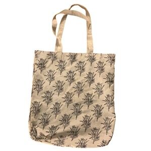 Floral Canvas Tote Bag Beige Black Botanical Print Reusable Shopper Market Bag